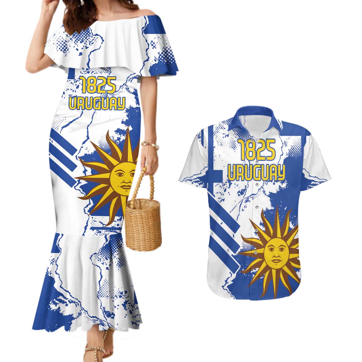 Custom Uruguay Independence Day Couples Matching Mermaid Dress and Hawaiian Shirt Sol de Mayo With Grunge Urban - Wonder Print Shop