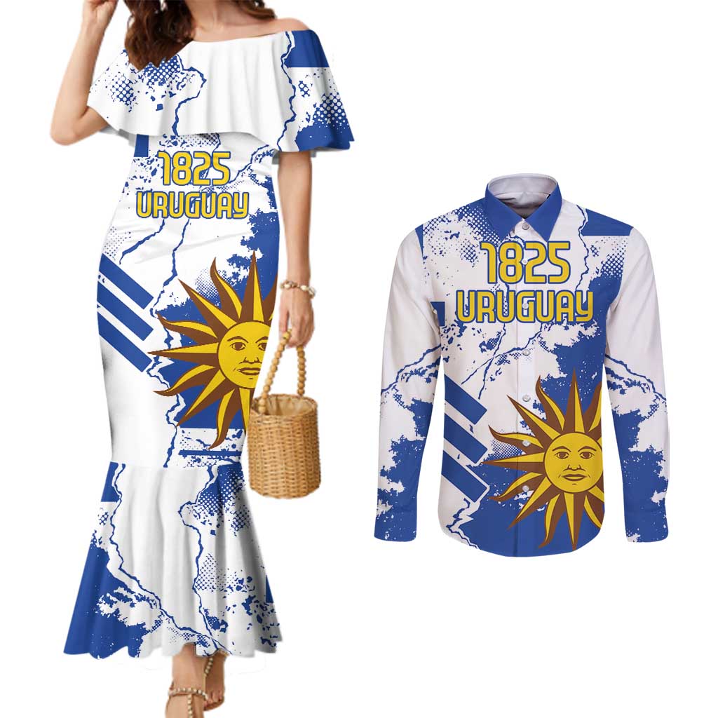 Custom Uruguay Independence Day Couples Matching Mermaid Dress and Long Sleeve Button Shirt Sol de Mayo With Grunge Urban