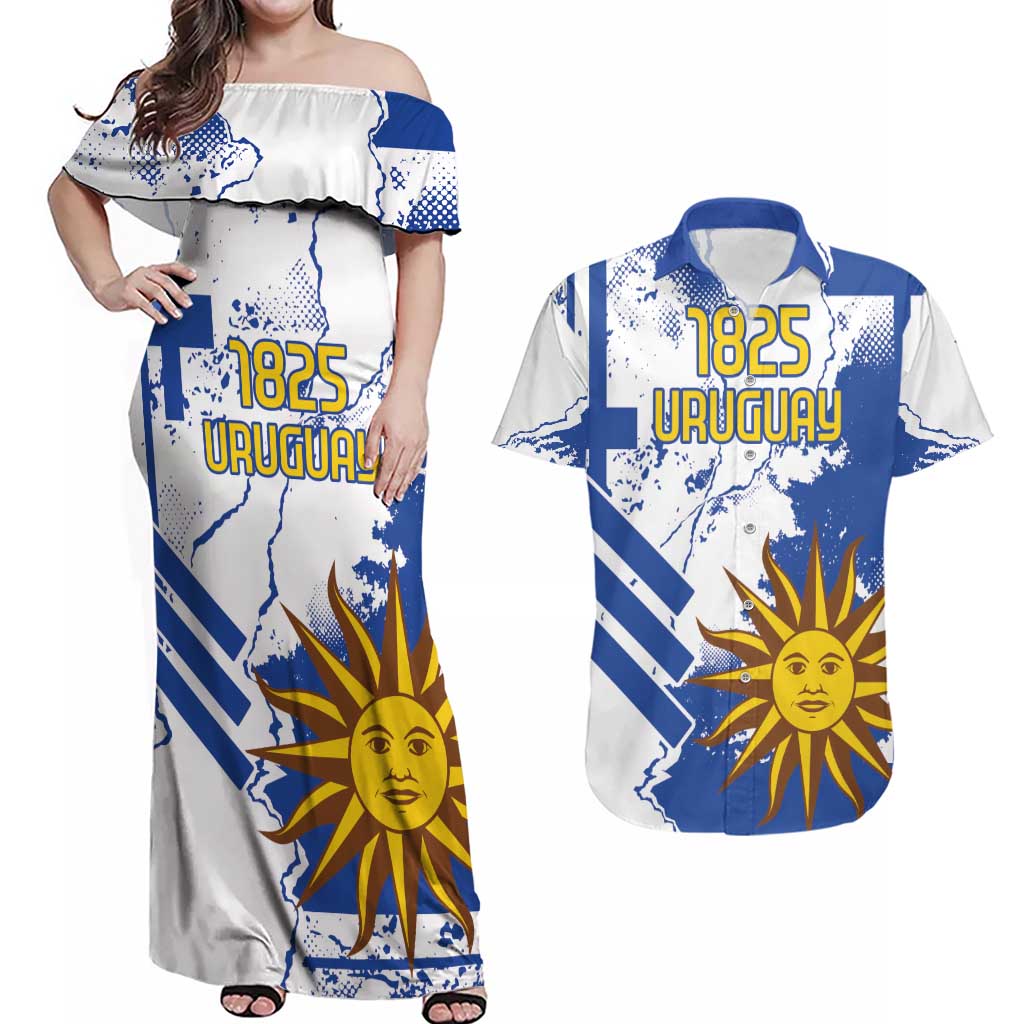 Custom Uruguay Independence Day Couples Matching Off Shoulder Maxi Dress and Hawaiian Shirt Sol de Mayo With Grunge Urban - Wonder Print Shop