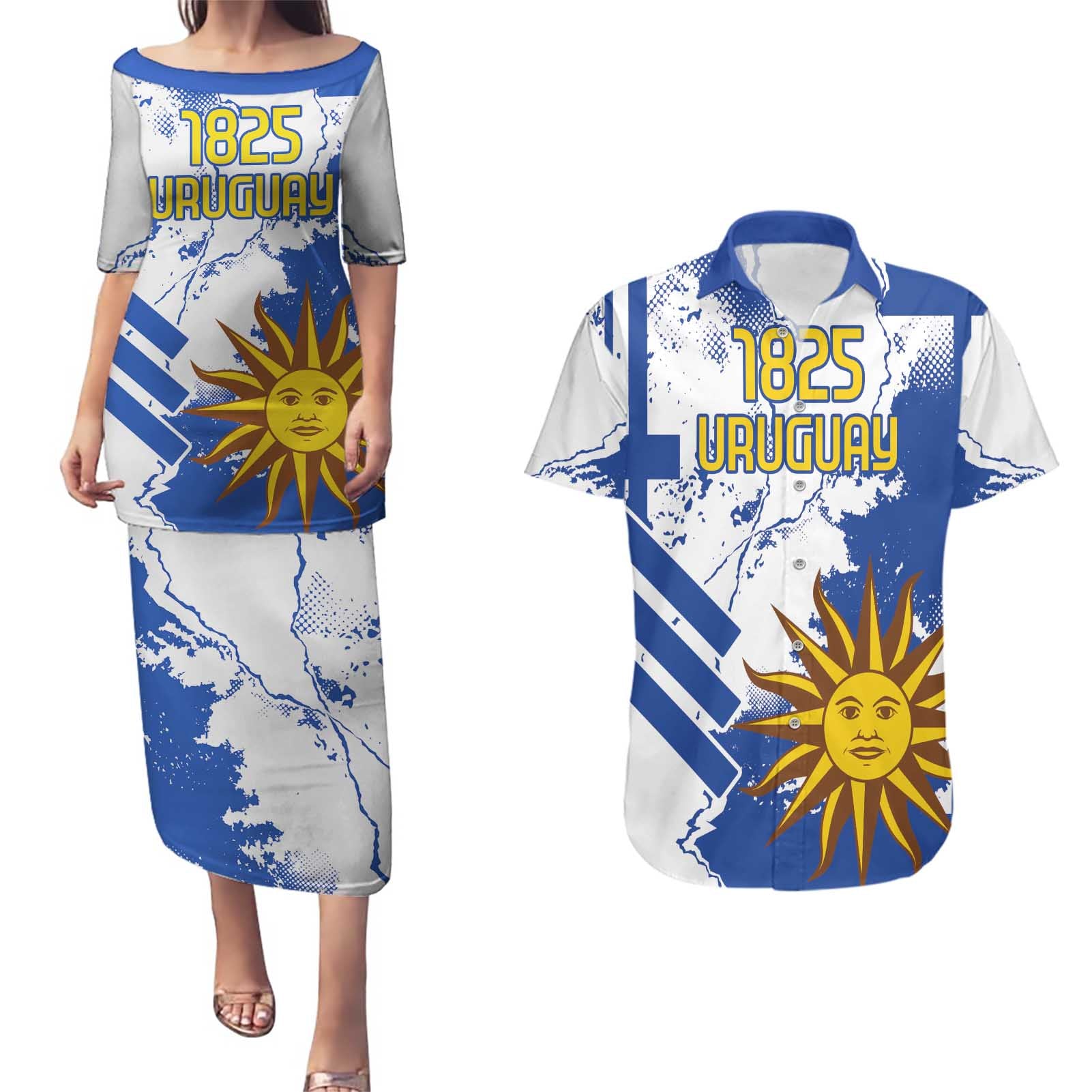 Custom Uruguay Independence Day Couples Matching Puletasi and Hawaiian Shirt Sol de Mayo With Grunge Urban - Wonder Print Shop