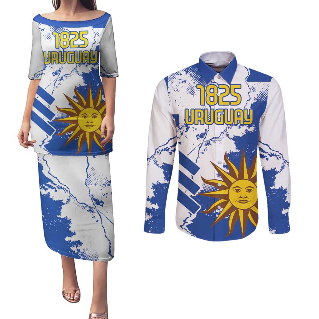 Custom Uruguay Independence Day Couples Matching Puletasi and Long Sleeve Button Shirt Sol de Mayo With Grunge Urban - Wonder Print Shop