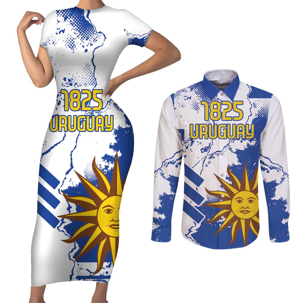 Custom Uruguay Independence Day Couples Matching Short Sleeve Bodycon Dress and Long Sleeve Button Shirt Sol de Mayo With Grunge Urban - Wonder Print Shop