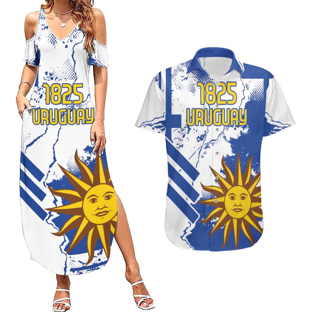 Custom Uruguay Independence Day Couples Matching Summer Maxi Dress and Hawaiian Shirt Sol de Mayo With Grunge Urban - Wonder Print Shop