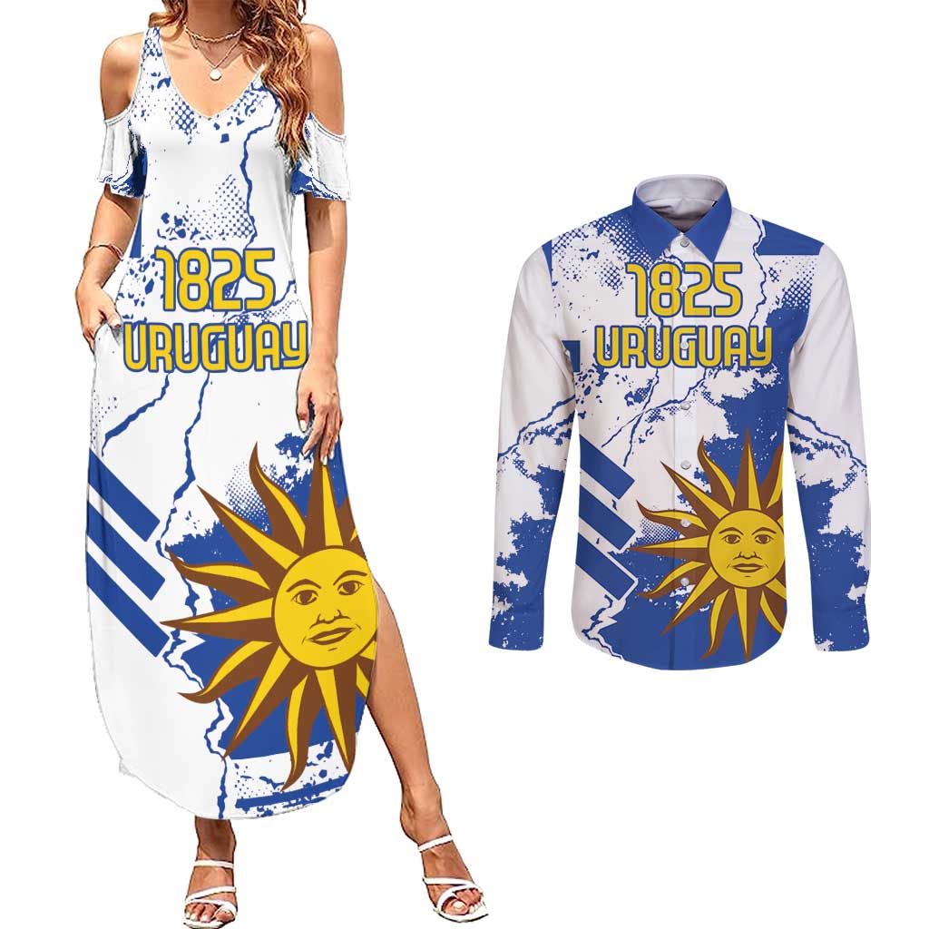 Custom Uruguay Independence Day Couples Matching Summer Maxi Dress and Long Sleeve Button Shirt Sol de Mayo With Grunge Urban - Wonder Print Shop