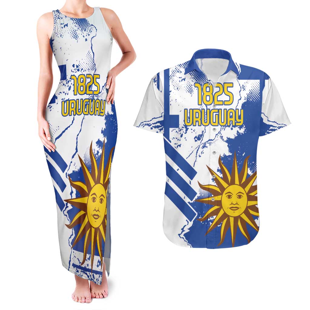 Custom Uruguay Independence Day Couples Matching Tank Maxi Dress and Hawaiian Shirt Sol de Mayo With Grunge Urban - Wonder Print Shop