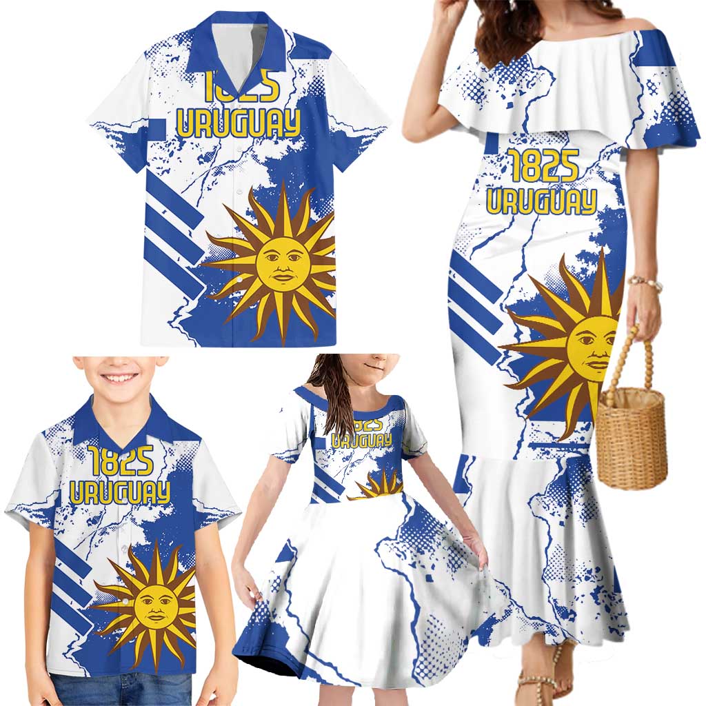 Custom Uruguay Independence Day Family Matching Mermaid Dress and Hawaiian Shirt Sol de Mayo With Grunge Urban - Wonder Print Shop