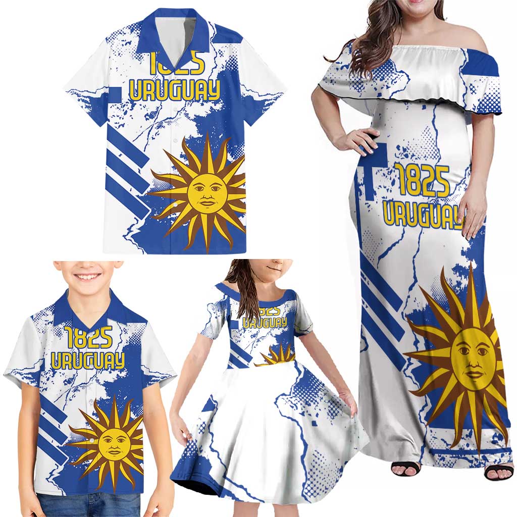 Custom Uruguay Independence Day Family Matching Off Shoulder Maxi Dress and Hawaiian Shirt Sol de Mayo With Grunge Urban - Wonder Print Shop