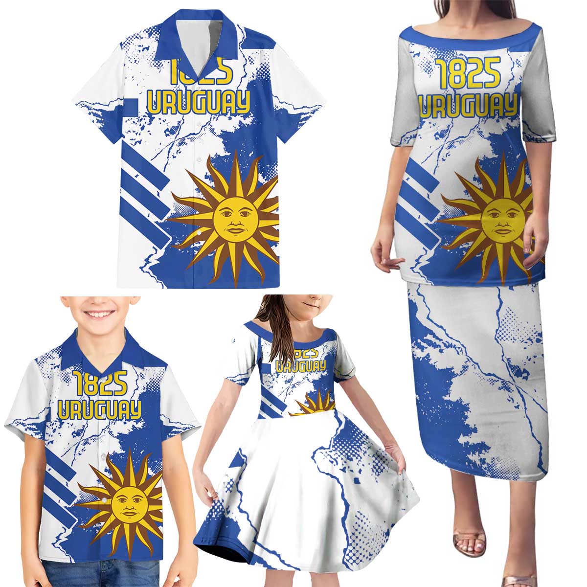 Custom Uruguay Independence Day Family Matching Puletasi and Hawaiian Shirt Sol de Mayo With Grunge Urban - Wonder Print Shop