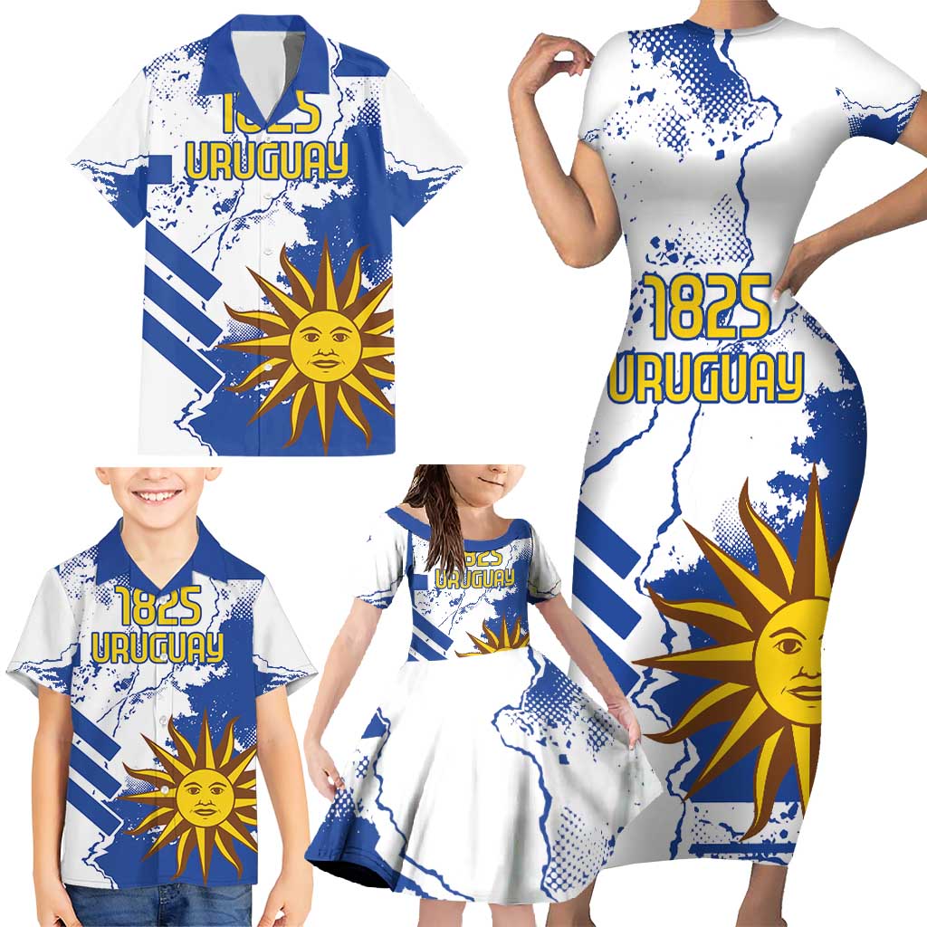 Custom Uruguay Independence Day Family Matching Short Sleeve Bodycon Dress and Hawaiian Shirt Sol de Mayo With Grunge Urban - Wonder Print Shop