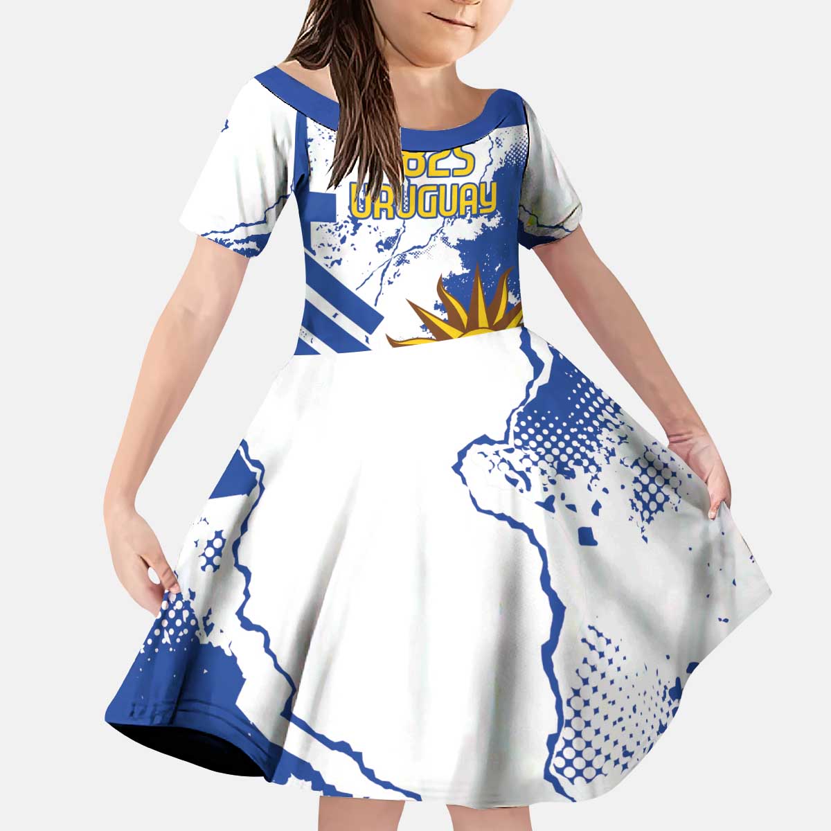 Custom Uruguay Independence Day Kid Short Sleeve Dress Sol de Mayo With Grunge Urban - Wonder Print Shop