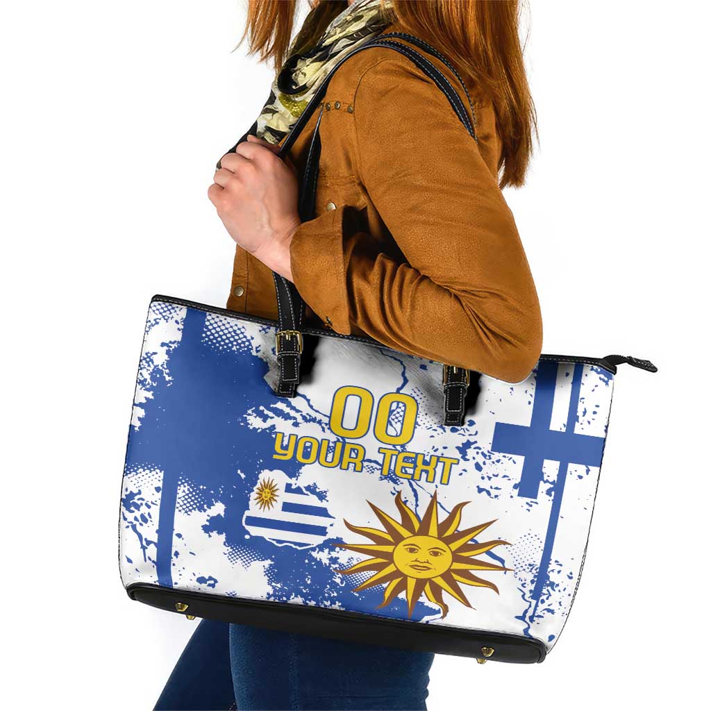 Custom Uruguay Independence Day Leather Tote Bag Sol de Mayo With Grunge Urban