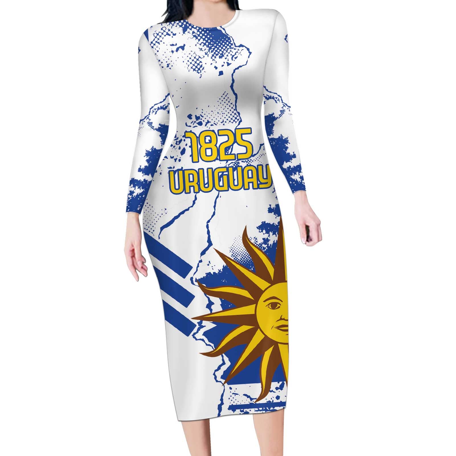 Custom Uruguay Independence Day Long Sleeve Bodycon Dress Sol de Mayo With Grunge Urban - Wonder Print Shop