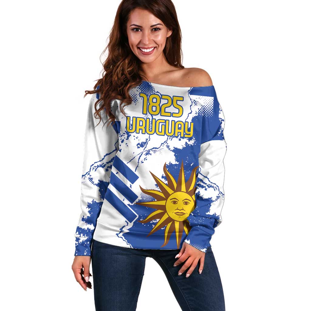 Custom Uruguay Independence Day Off Shoulder Sweater Sol de Mayo With Grunge Urban - Wonder Print Shop