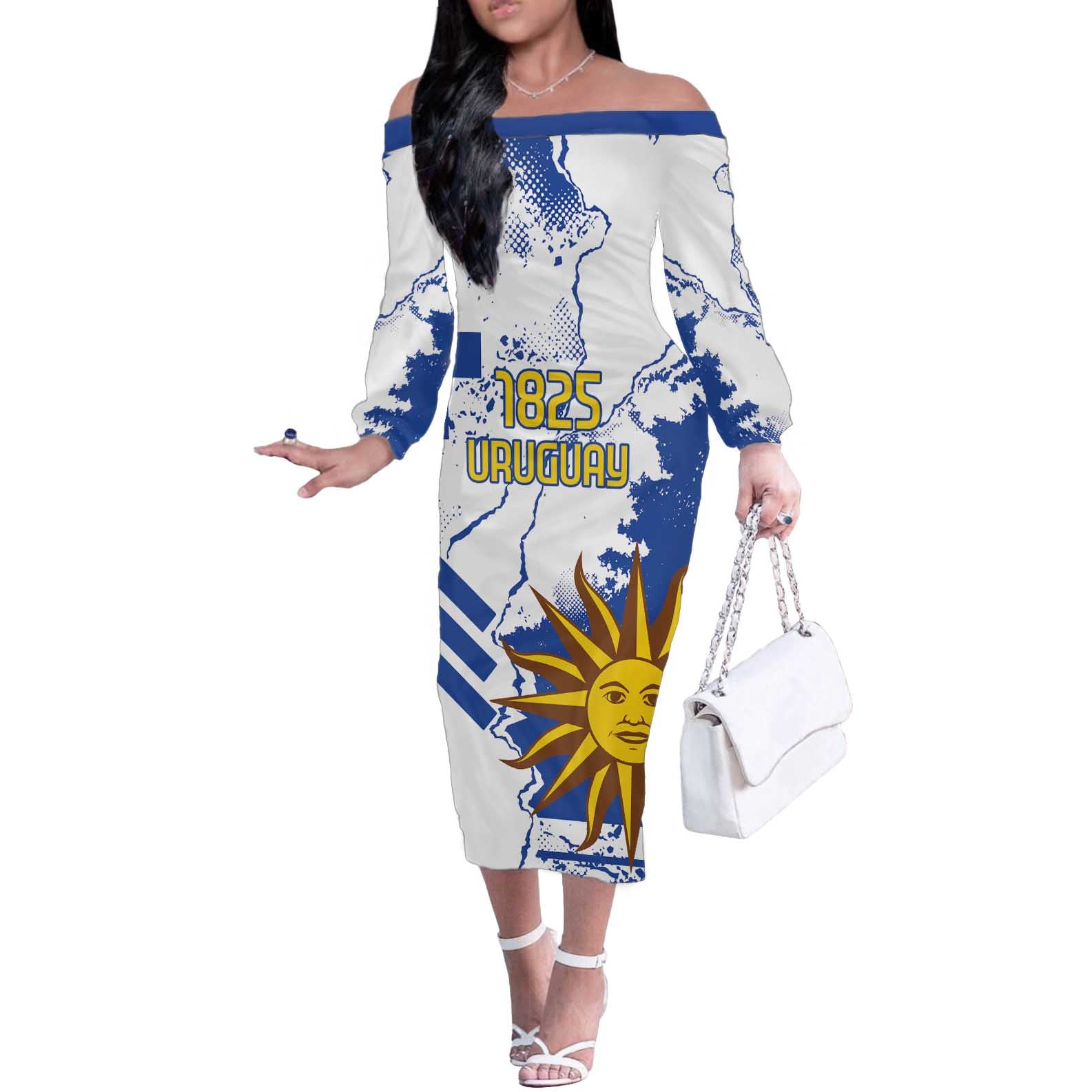 Custom Uruguay Independence Day Off The Shoulder Long Sleeve Dress Sol de Mayo With Grunge Urban - Wonder Print Shop