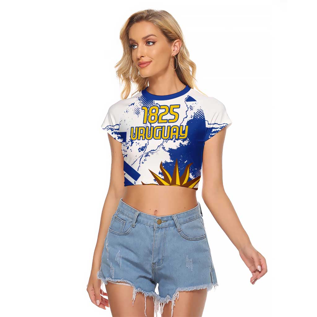 Custom Uruguay Independence Day Raglan Cropped T Shirt Sol de Mayo With Grunge Urban - Wonder Print Shop