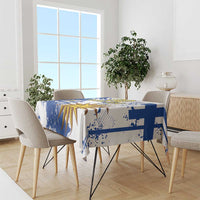 Blue and white Independence Day tablecloth with sunburst motif and bold blue splashes