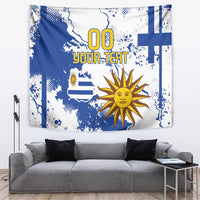 Blue and white Uruguay independence tapestry with cross, sun design, and “00 YOUR TEXT”