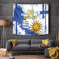 Wall-hanging Uruguay independence tapestry, blue-white grunge print with sun and “00 YOUR TEXT”