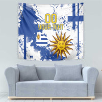 Uruguay independence tapestry with blue-white distressed look, sun emblem, and “00 YOUR TEXT”