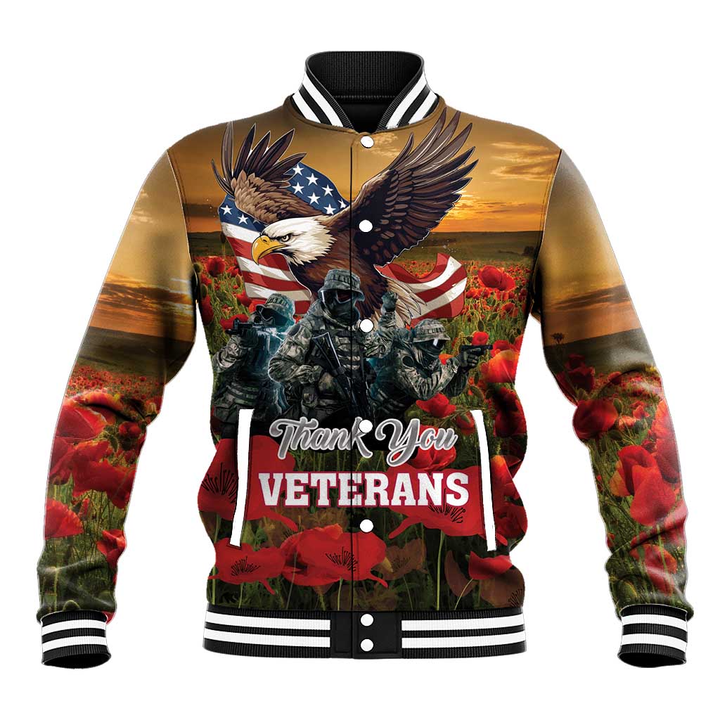 Poppy flower baseball jacket with eagle and stars-and-stripes, striped collar, front