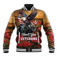 Poppy flower baseball jacket with eagle and stars-and-stripes, striped collar, front