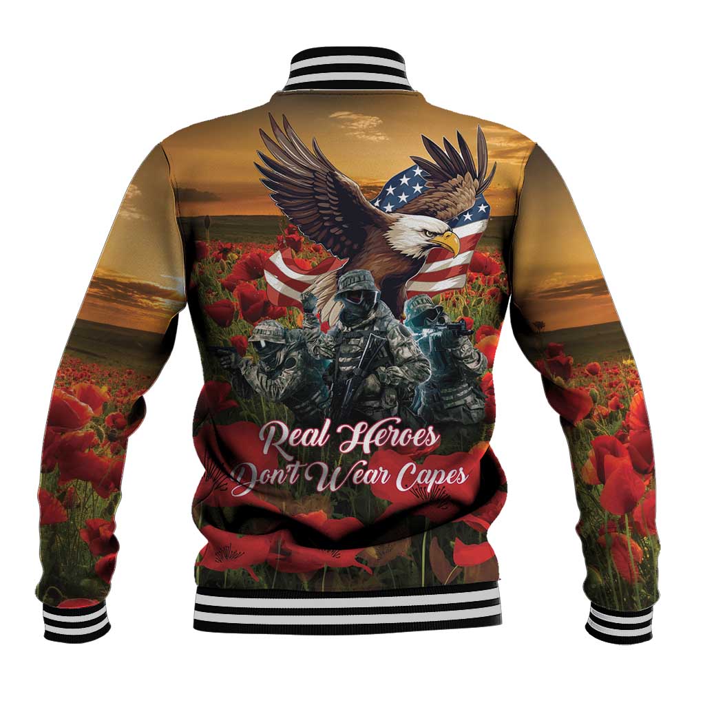 Poppy flower baseball jacket with eagle and stars, varsity striped collar and cuffs, back view