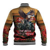 Poppy flower baseball jacket with eagle and stars, varsity striped collar and cuffs, back view