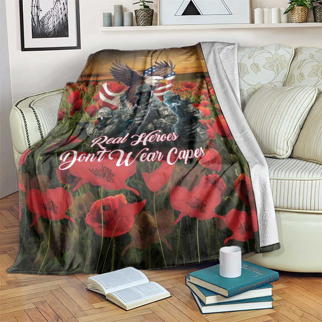 US Veterans Day army blanket with eagle, soldier, and red poppy flower print