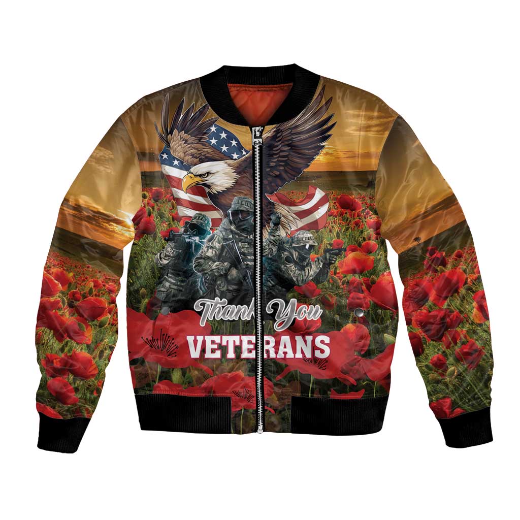 Red and black bomber jacket with eagle, soldiers, flags, and poppy floral graphic on front