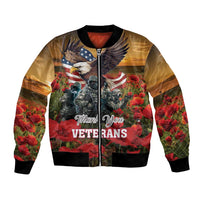 Red and black bomber jacket with eagle, soldiers, flags, and poppy floral graphic on front