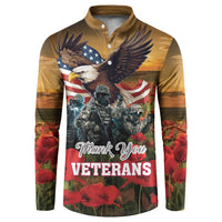 Olive button-front sweatshirt with Thank You Veterans graphic, eagle, soldiers, poppies