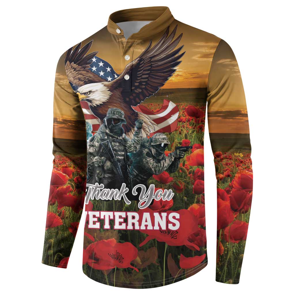 Olive button-front sweatshirt with eagle, soldiers, U.S. flags, poppies graphic
