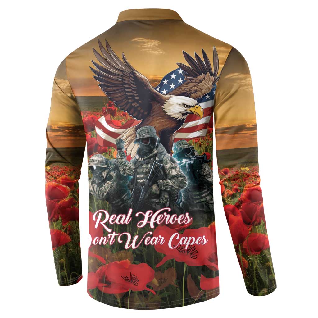 Olive button-front sweatshirt with eagle and soldiers back graphic over poppies