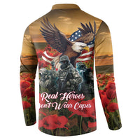 Olive button-front sweatshirt with eagle and soldiers back graphic over poppies
