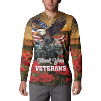 Olive button-front sweatshirt with Thank You Veterans front text, eagle and soldiers
