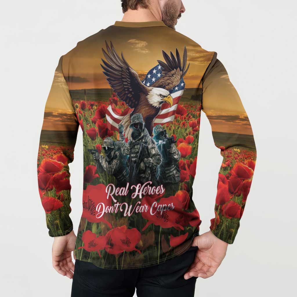 Olive button-front sweatshirt with Real Heroes back text, eagle and soldiers, poppy graphic