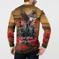 Olive button-front sweatshirt with Real Heroes back text, eagle and soldiers, poppy graphic