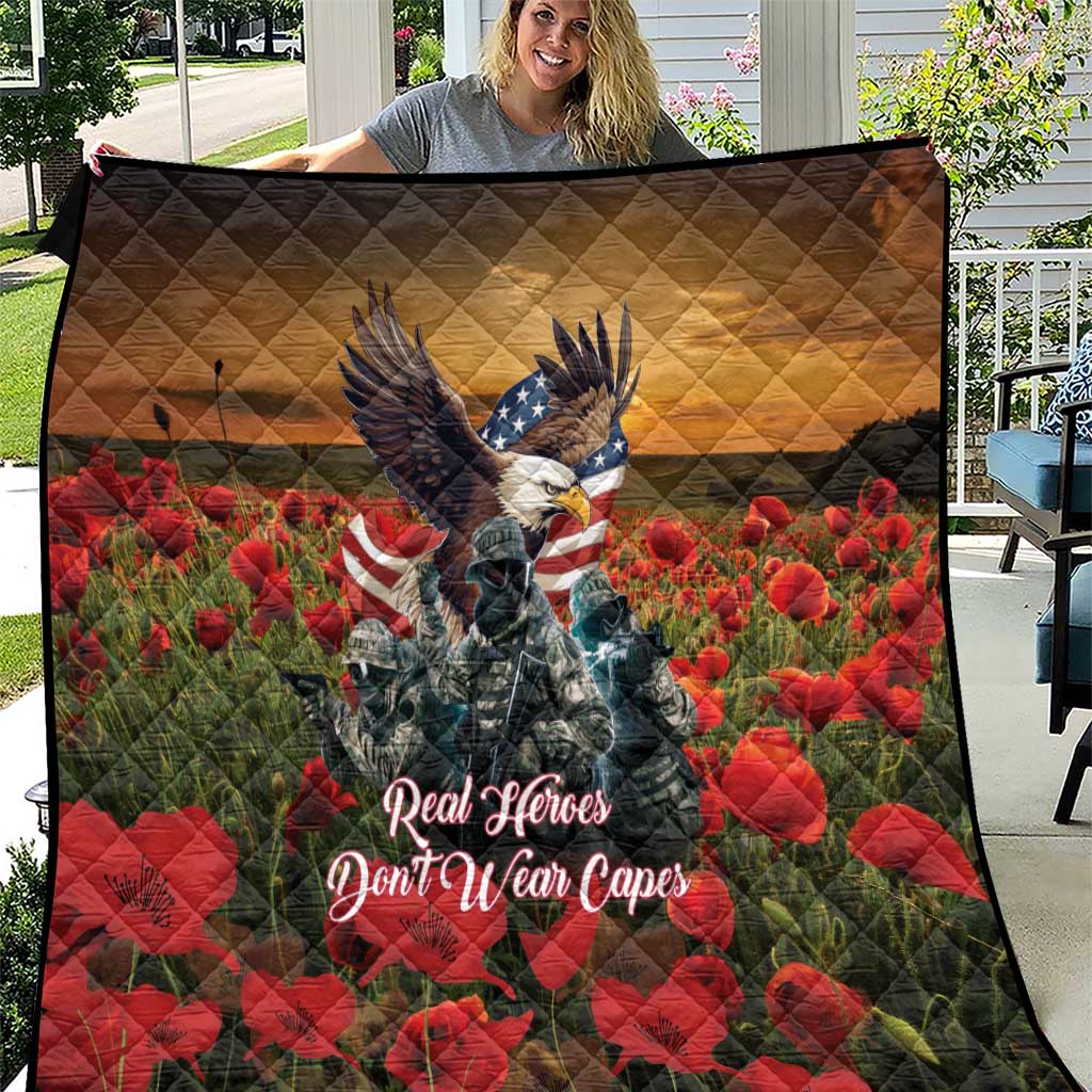 US Veterans Day American Army Quilt With Poppy Flowers