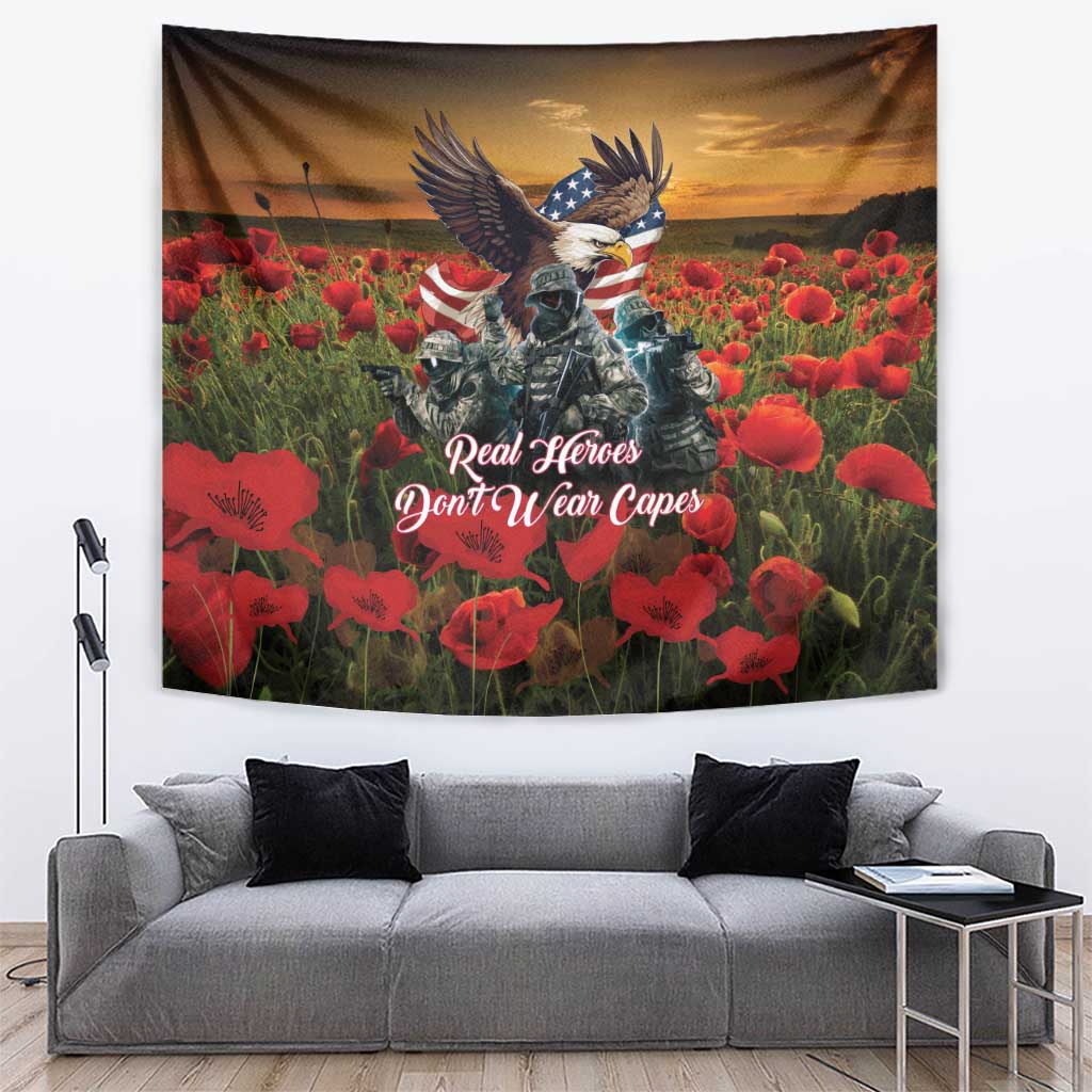 US Veterans Day American Army Tapestry With Poppy Flowers