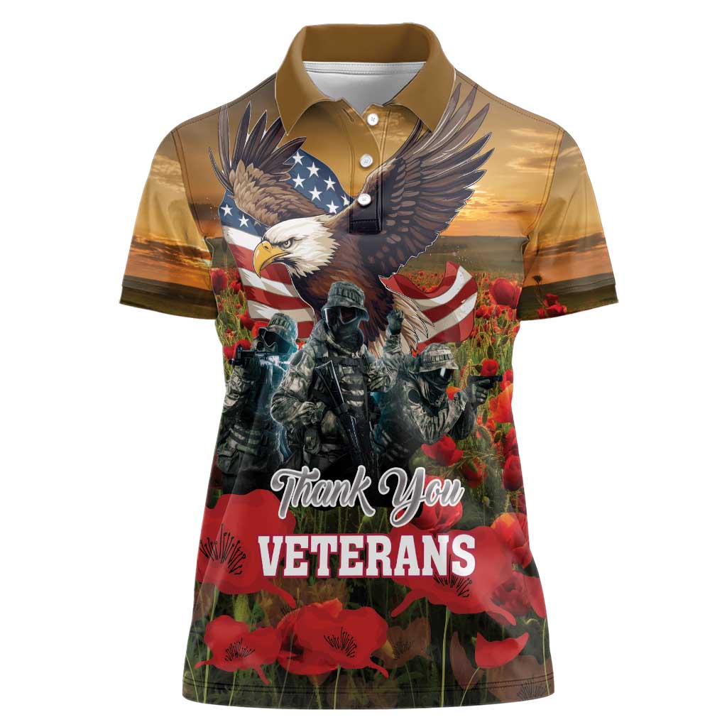 US Veterans Day American Army Women Polo Shirt With Poppy Flowers