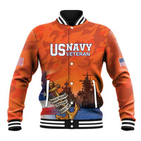 Orange camo baseball jacket with black rib collar, button front, US Navy Veteran front graphic