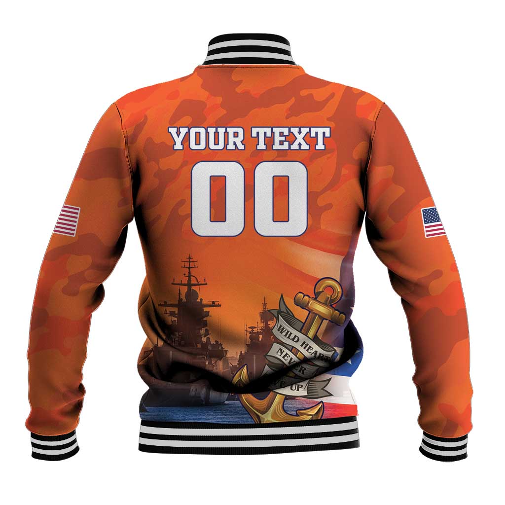 Orange camo baseball jacket with ribbed cuffs and back graphic text 'YOUR TEXT 00'