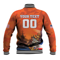 Orange camo baseball jacket with ribbed cuffs and back graphic text 'YOUR TEXT 00'
