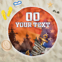 Round orange beach blanket with patriotic ship-and-anchor graphic and white fringe edge