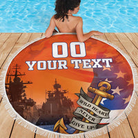 Round orange beach blanket with patriotic ship-and-anchor graphic and white fringe trim