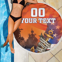 Round orange beach blanket with patriotic ship-and-anchor graphic and white fringe edge