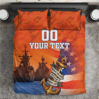 Orange camouflage veteran bedding set with two matching pillows and central anchor graphic