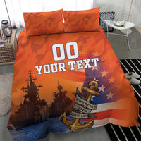 Orange camo bedding set with '00 YOUR TEXT' center print, two pillows, anchor and stars