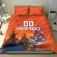 Orange camo veteran bedding set with two pillows, '00 YOUR TEXT' design and anchor emblem