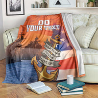 Orange custom US Navy veteran blanket with anchor, stars, and custom text design